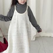 女童吊带裙秋冬2023洋气，韩版米白色长裙冬装，儿童冬季连衣裙女