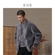 EHE男装 冬季灰蓝色羊毛颗粒绒复古立领皮草夹克男外套