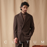cultum重磅羊毛针织戗驳领双排，扣棕灰条纹西服套装男复古休闲西装