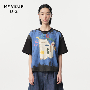MOVEUP幻走2024春季.FUN系列圆领可爱猫咪设计师短款T恤女