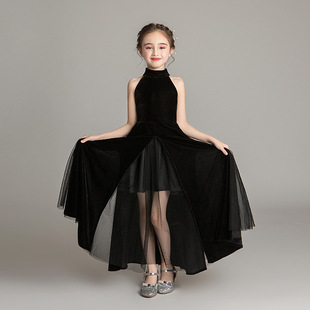 儿童礼服2023黑色无袖模特走秀主持长款钢琴演出服女童公主裙