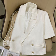 米白色短款西装外套女2024夏季设计感英伦短袖薄款小香风西服