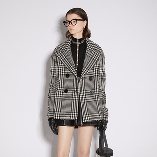 N·MORE设计师品牌 22秋冬 经典黑白格纹西装领短款羊毛外套