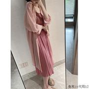 日本2023初秋女装轻熟温柔风长袖上衣女清新独特雪纺粉色衬衫长款