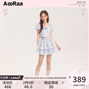 AooRaa少女时代金泰妍同款芭蕾风蓝色格子玫瑰泡泡袖女团套装