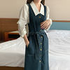 韩国chic秋季复古翻领，内搭长袖衬衫+单排扣系带收腰背心牛仔裙女