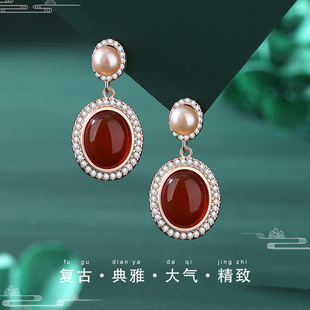 红玛瑙珍珠纯银耳坠新中式国风耳环女2024高级感耳饰耳钉