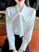 白色v领蕾丝衬衫，女长袖2024春季蝴蝶结减龄小衫气质显瘦上衣