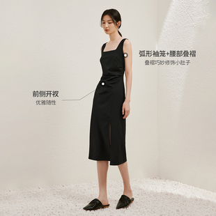 亦谷高级感黑色吊带连衣裙女2024夏法式气质方领优雅百搭裙子