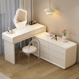 法式简约奶油风梳妆台卧室，小户型小型实木，化妆桌高级感收纳柜一体