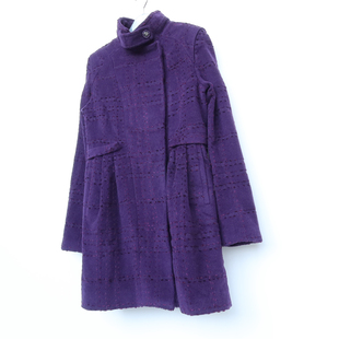 艾格特/S断码 女冬紫色柔美半高领羊毛毛呢外套大衣4N4232