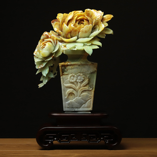 尚品美格 天然岫玉摆件 花玉原石一体雕刻牡丹花瓶 平安富贵CA432