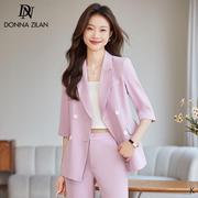 紫色中袖西装外套女夏季薄款2024高级感气质，休闲通勤西服套裙