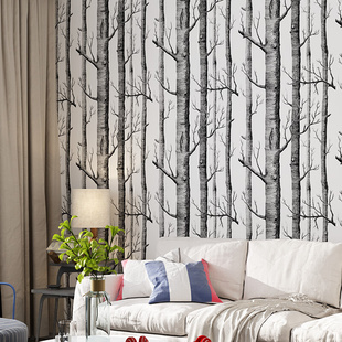 抽象黑白树枝无纺布墙纸北欧树枝树干白桦林电视沙发背景墙壁纸
