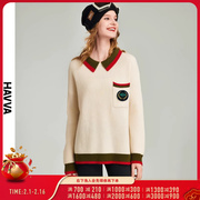 HAVVA2023冬季撞色毛衣女套头宽松气质女装针织衫上衣M85970