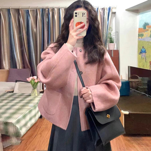 高级感粉色毛呢，外套女短款秋冬装韩版小个子文艺复古呢子大衣