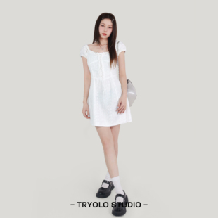 夏季甜妹降临tryolo自制法式少女白色连衣裙方领系带，收腰裙