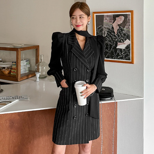 黑色条纹西装裙女秋冬外套2023高级感面试正式场合职业连衣裙
