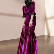 2024春装金丝绒紫色连衣裙，女高端气质长裙，礼服裙复古修身裙子
