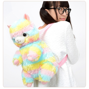 Alpacasso日本正版彩虹色羊驼毛绒公仔双肩背包书包可爱女包