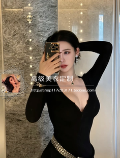 美式御姐辣妹黑色长袖休闲运动连体，裤女气质外穿内搭修身连体短裤