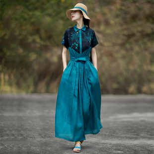 赫轩原著2023夏季民族，风孔雀蓝连衣裙，文艺复古花色长裙气质女