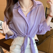 紫色冰丝防晒衬衫女2021夏季韩版宽松空调衫外搭薄款雪纺衬衣