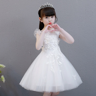 女童公主裙蓬蓬纱，儿童主持人晚礼服白色，小花童婚纱裙钢琴演出服装