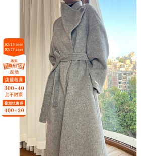 大连东越韩国设计师款，立领双面羊绒大衣女，中长款灰色高级毛呢外套