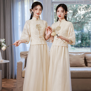 中式伴娘服冬季礼服香槟色姐妹服中国风小个子结婚旗袍伴娘裙