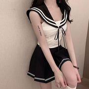 韩系百褶短裙jk制服套装女夏季学院，风高腰半身裙+纯欲上衣两件套