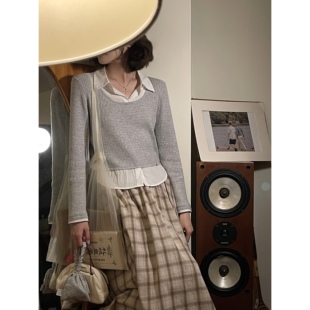 jmwomen灰色假两件长袖拼接条纹针织衫女春季日系小众设计感上衣