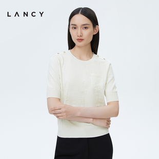 lancy朗姿2023春季圆领，短袖白色短袖，t恤设计感短款针织衫女