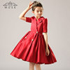 女童红色西装中袖儿童模特走秀钢琴演出礼服裙小主持晚礼服公主裙