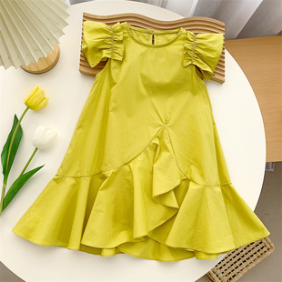 夏季女童洋气连衣裙宝宝时尚设计感果绿色背心裙公主裙荷叶边