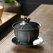 青瓷功夫茶具大号单个铁胎三才盖碗茶杯，冰裂手工家用陶瓷泡茶复古