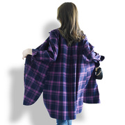 紫色格子衬衫女复古港味polo领宽松中长款衬衣宽松通勤风秋装外套