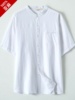 断码99亚麻衬衫男短袖夏季薄款立领纯色宽松棉麻衬衣麻布上衣白色