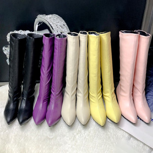 紫色女靴黄色靴子粉色高筒靴休闲素面尖头平底高筒靴大码44-48码
