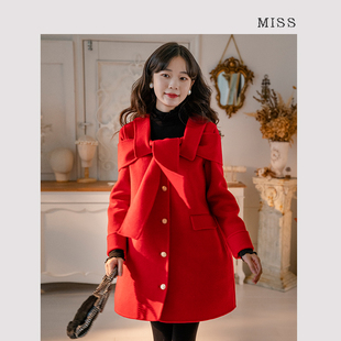 红色羊毛大衣原创外套女秋冬高级毛呢双面，呢宽松大码毛呢