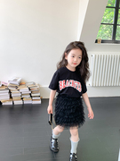 儿童网红时髦黑色洋气套装 女童韩版字母黑色短袖T恤+半身纱裙夏