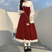秋日系学院风娃娃领衬衣学生蕾丝拼接中长款显瘦背带裙两件套装女