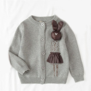 女童纯棉毛衣洋气灰色，开衫宝宝小兔子外套洋气，春秋季儿童针织上衣