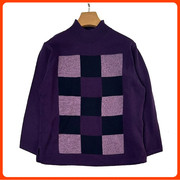 短款羊毛衫女 100纯羊毛半高领毛衣方格子深紫色精纺美利奴七分袖
