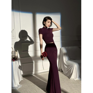 xulu原创奢华梦幻紫天丝，莱赛尔气质半高领短袖，上衣高腰褶皱鱼尾裙
