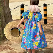 女童裙子花朵撞色连衣裙儿童美背后背系带宽松公主裙2023夏装