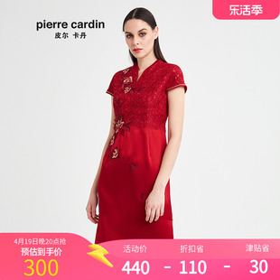 皮尔卡丹女夏季红色，绣花旗袍一步裙气质连衣裙p82ds07r0