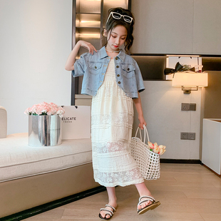 女童牛仔短袖外套搭配蕾丝吊带，连衣裙夏季韩系小众别致套装潮