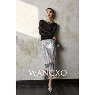 WANGXO丨重工高密珠片蛇纹印花弹力布丨高腰直筒过膝中长款半身裙