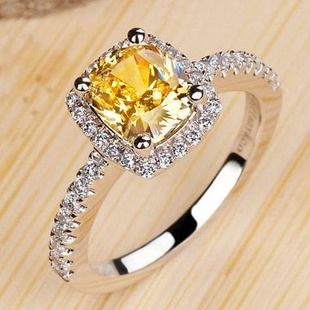 纯银微镶天然黄水晶宝石戒指女项链，方钻石(方钻石)戒指女神新年情人节礼物